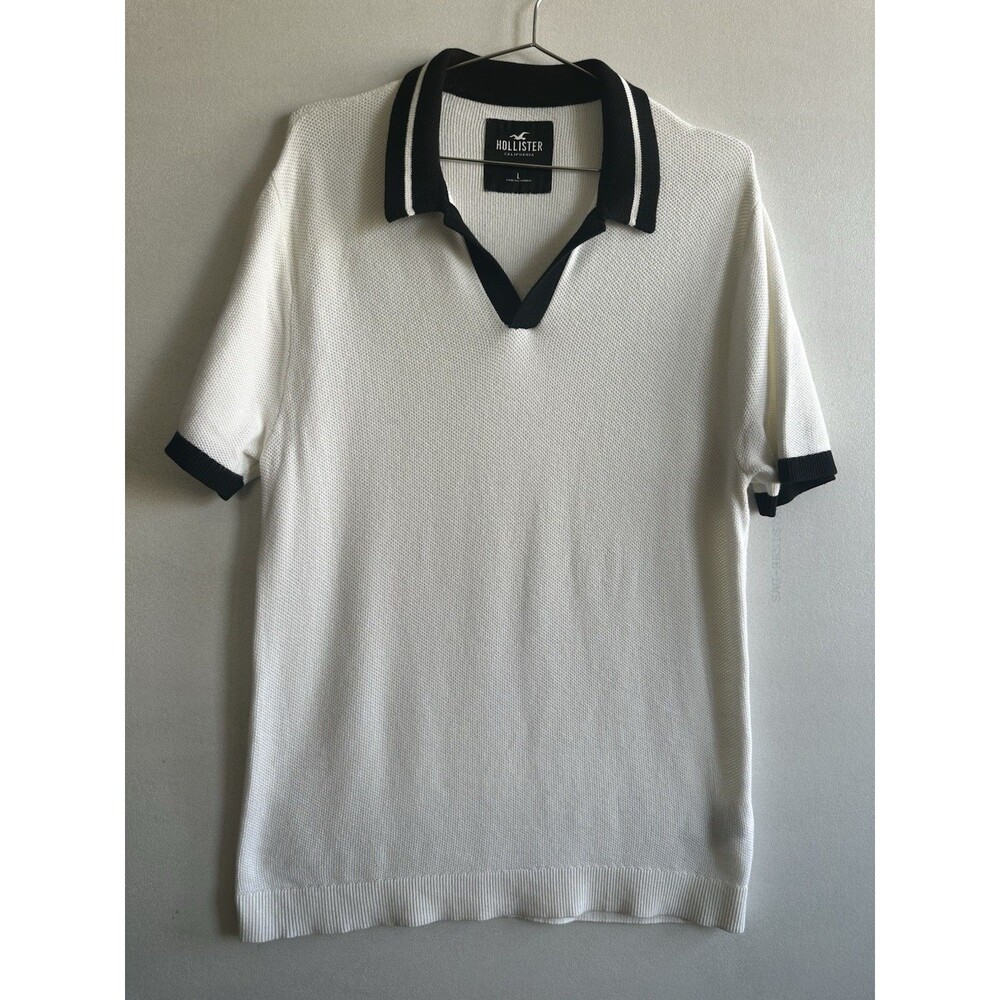 Mens Hollster Short Sleeve Off White V Neck Polo with Knit